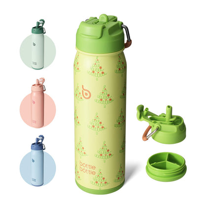 BOTTLE BOTTLE 24 oz sports water bottle stainless steel insulated water bottle with straw and pills holder (Tree)
