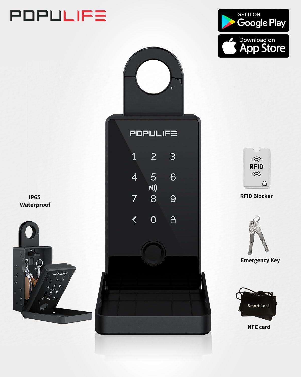Populife Smart Fingerprint Lock Box for Keys with Code, Wireless Remote Access Key Lock Box for Outside, Digital Key Lockbox for Realtor Airbnb, Work Offline