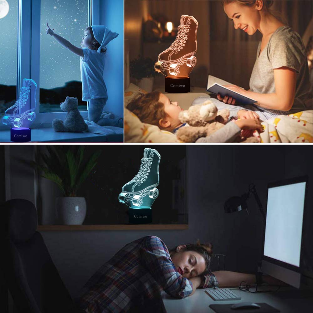 Comiwe Quad Roller Skates 3D Illusion Night Light,16 Colours Change Smart Touch & Remote Control,Home Decor LED Bedside Table Lamp,Christmas Birthday Gift for Girls Boys Kids Adults Friends & Family