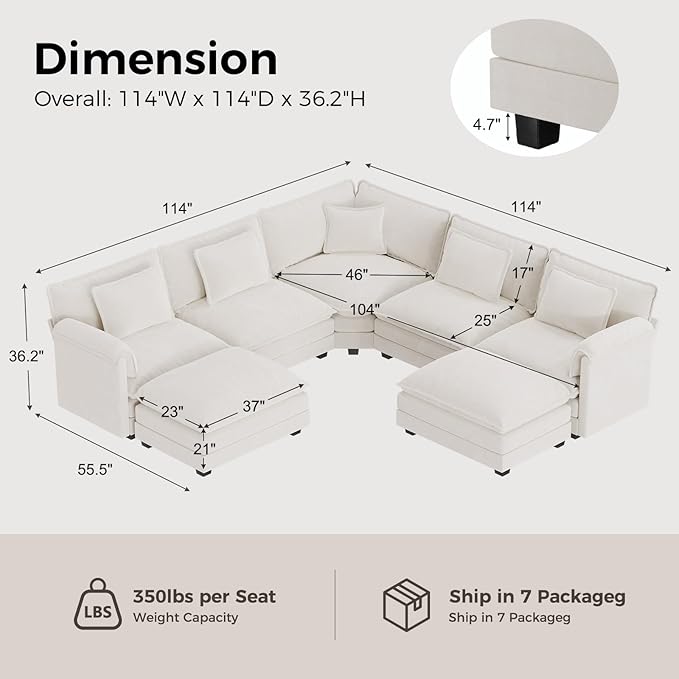 ELUCHANG 114" Oversized V-Shaped Cloud Couch Modular Sectional Sofa
