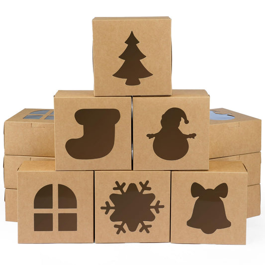 12 PCS Christmas Cookie Boxes, 6×6×3 Inches Treat Boxes Tin, Small Pastry Boxes with Window, for Gift Giving Packaging Dessert Bakery Cupcake Baked Goods (Brown)