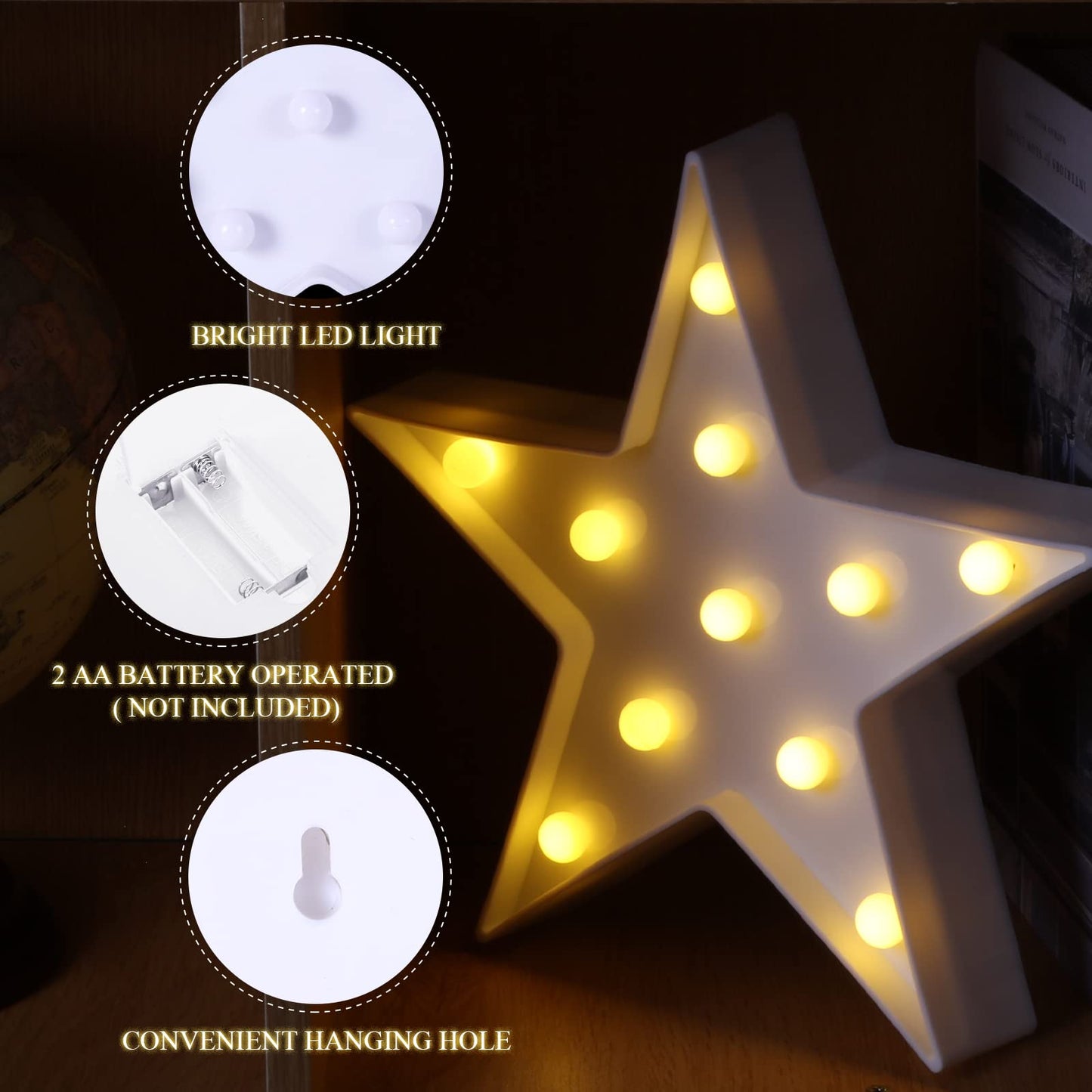 Tarpop 2 Pcs Star Plastic Night Light Battery Operated LED Marquee Light Star Sign Room Wall Lamp for Movie Night Supplies Carpet Party Decorations Christmas Theater(White)