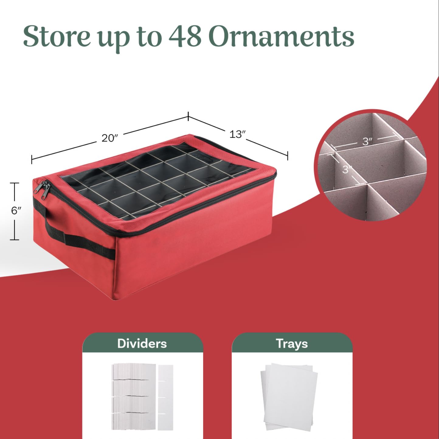Ornament Storage Box - Zippered Lid Organizer with 48 Individual Compartments and Dividers for Christmas Bulbs and Decorations by Tiny Tim Totes (Red)