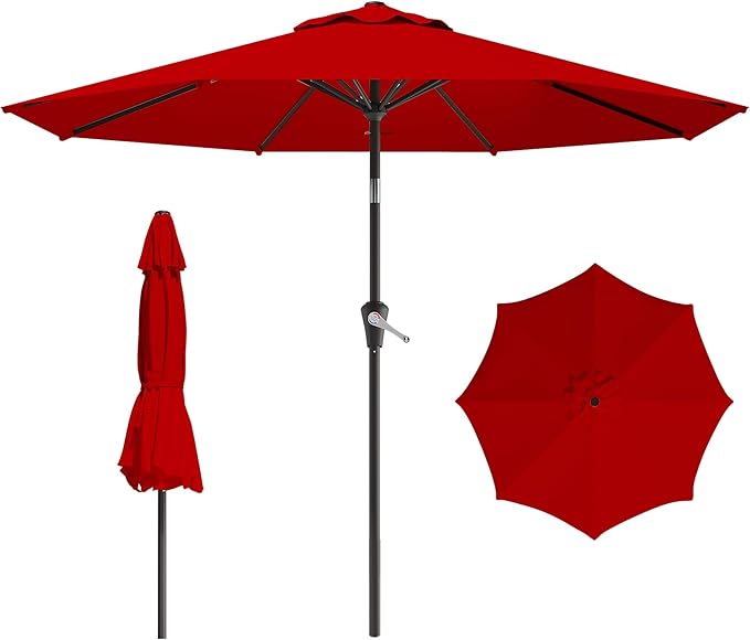 AreShark 9 FT Patio Umbrella for Outdoor, Outdoor Umbrella with Push Button Tilt and Crank, Outdoor Patio Umbrellas with 8 Sturdy Ribs for Market, Garden, Deck, Backyard, Pool (Cherry Red)