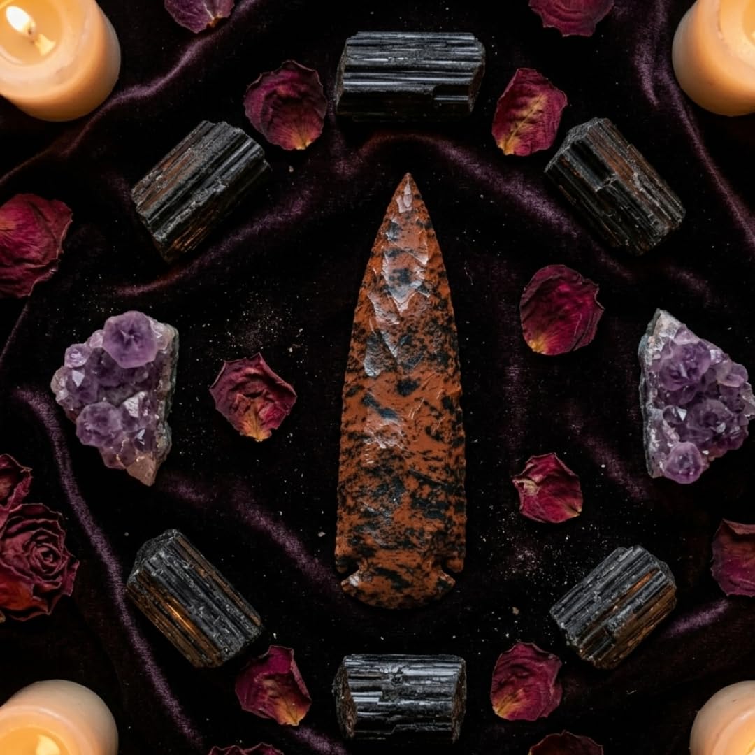 6 Inch Mahogany Obsidian Arrowhead - Large Hand Carved Volcanic Glass Stone - Grounding & Protection Crystal for Altar Decor, Meditation, and Healing - Genuine Gemstone Artifact Point