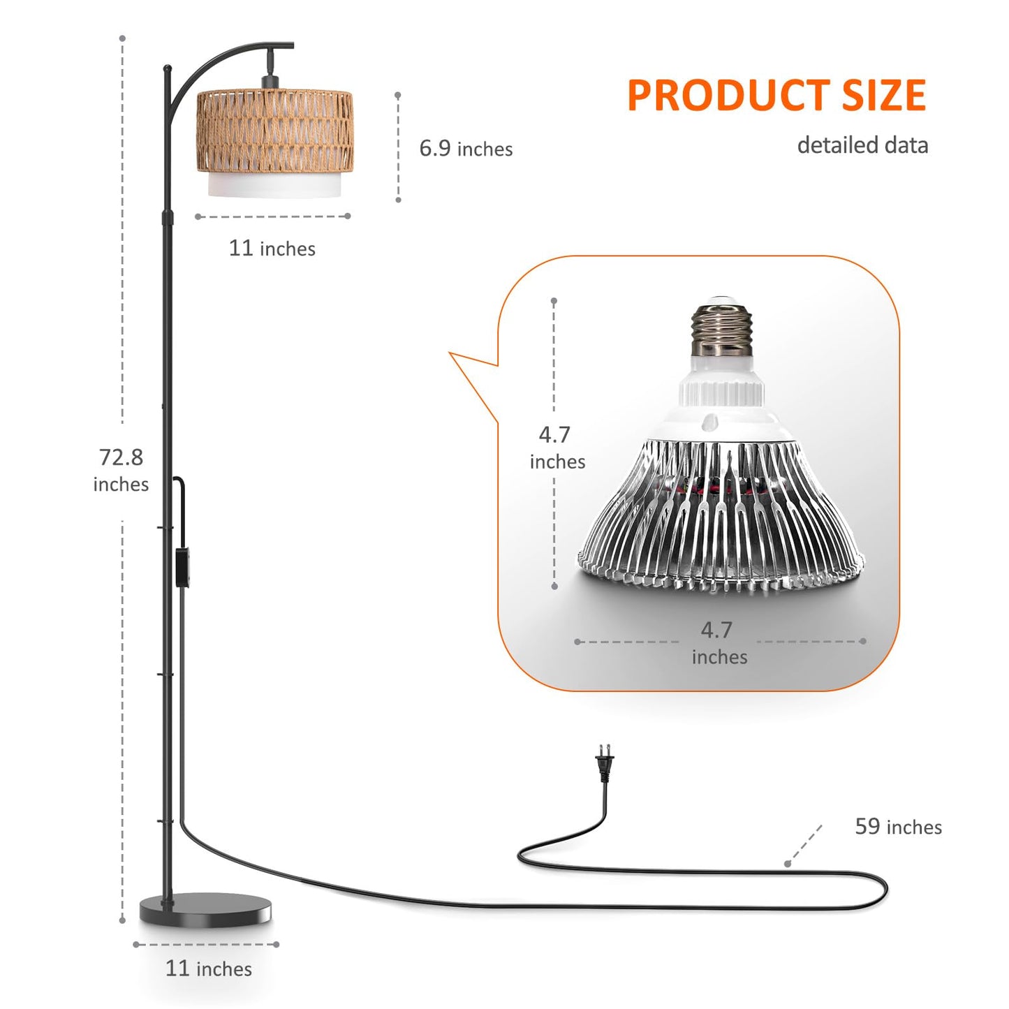 Bstrip 65-72.8 Inches Adjustable Grow Light for Indoor Plants, Boho Rattan & Fabric Shade Standing Grow Lamp, 25W 3000K Full Spectrum LED Plant Light with Auto On/Off Timer