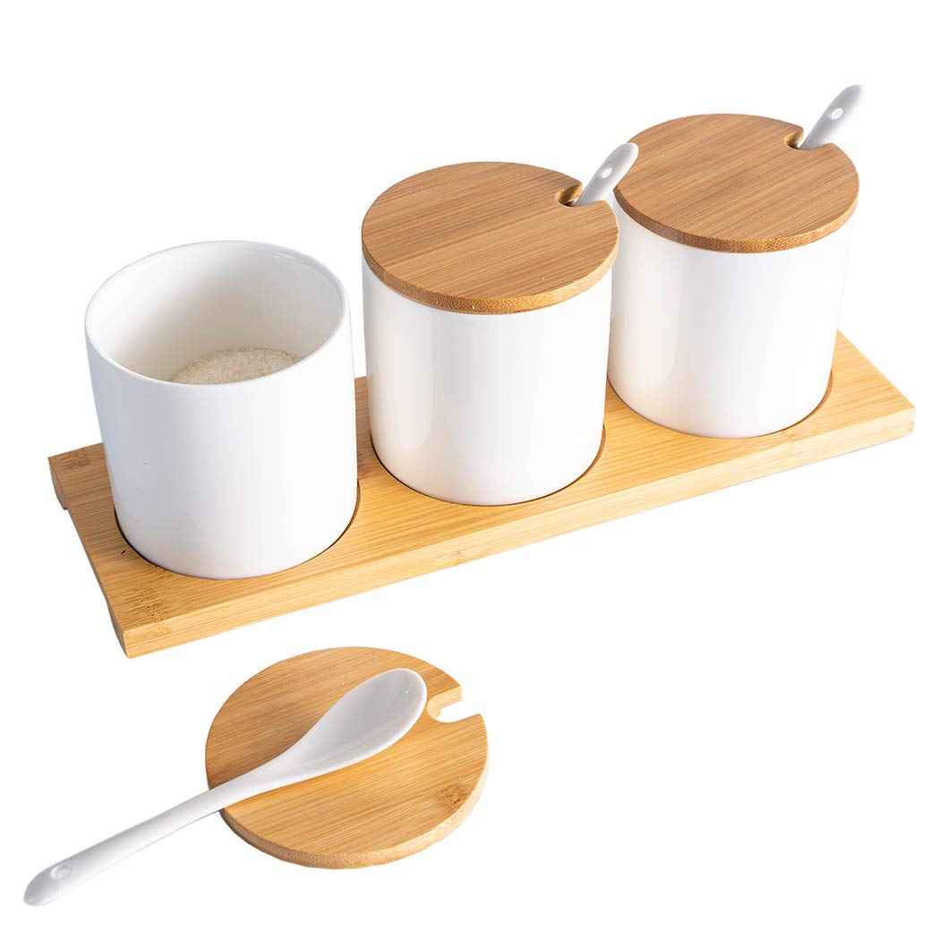 smarex Ceramic Condiment Jar Seasoning Container with Lids,white Salt Sugar Pepper Spice Container Bowls Pot with Spoon, Porcelain Pot,Set of 3, 8 Oz, for Home Kitchen Coffee Bar