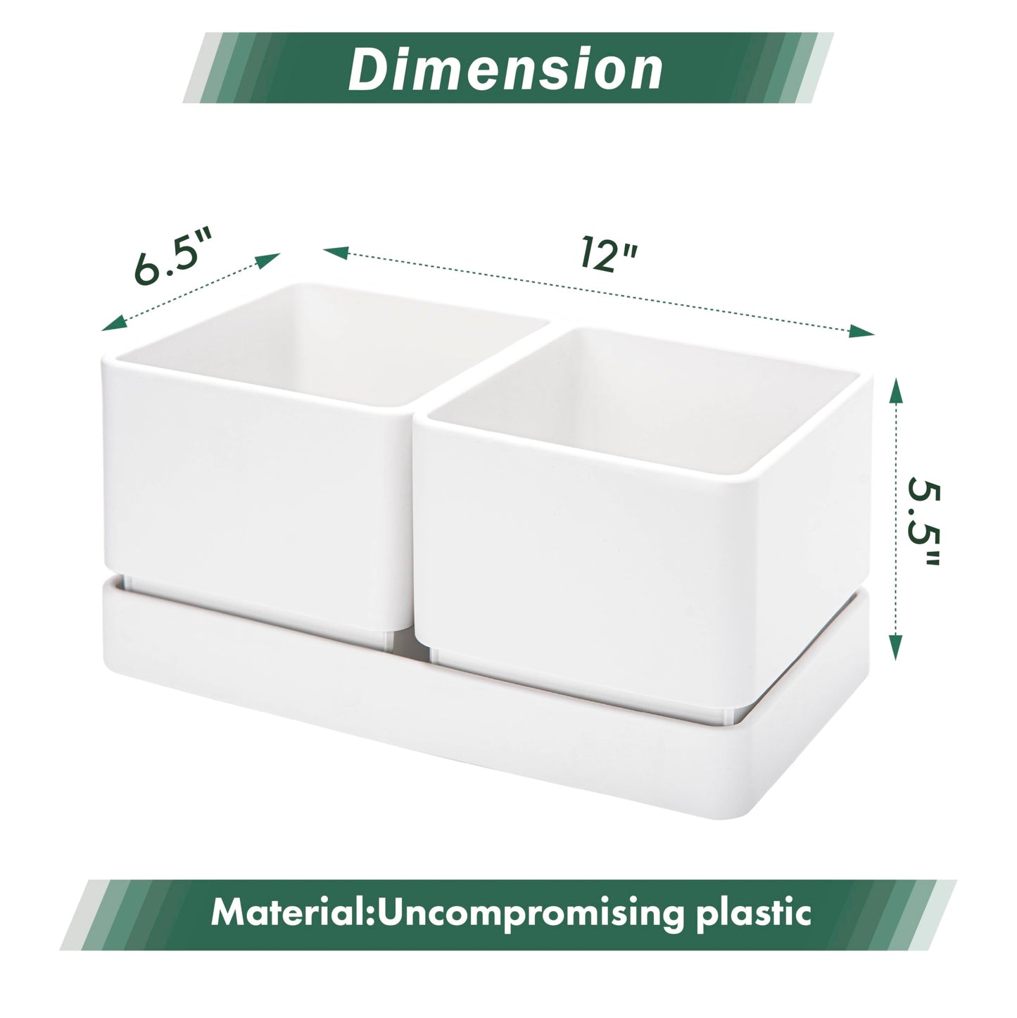 D'vine Dev Indoor Herb Garden Planter Set, Plastic Windowsill Plant Pots with Drainage and Saucer, Indoor Succulent Cactus Vegetable Pot for Balcony, Office, Garden, White, Set of 2, 76-Q-A-2