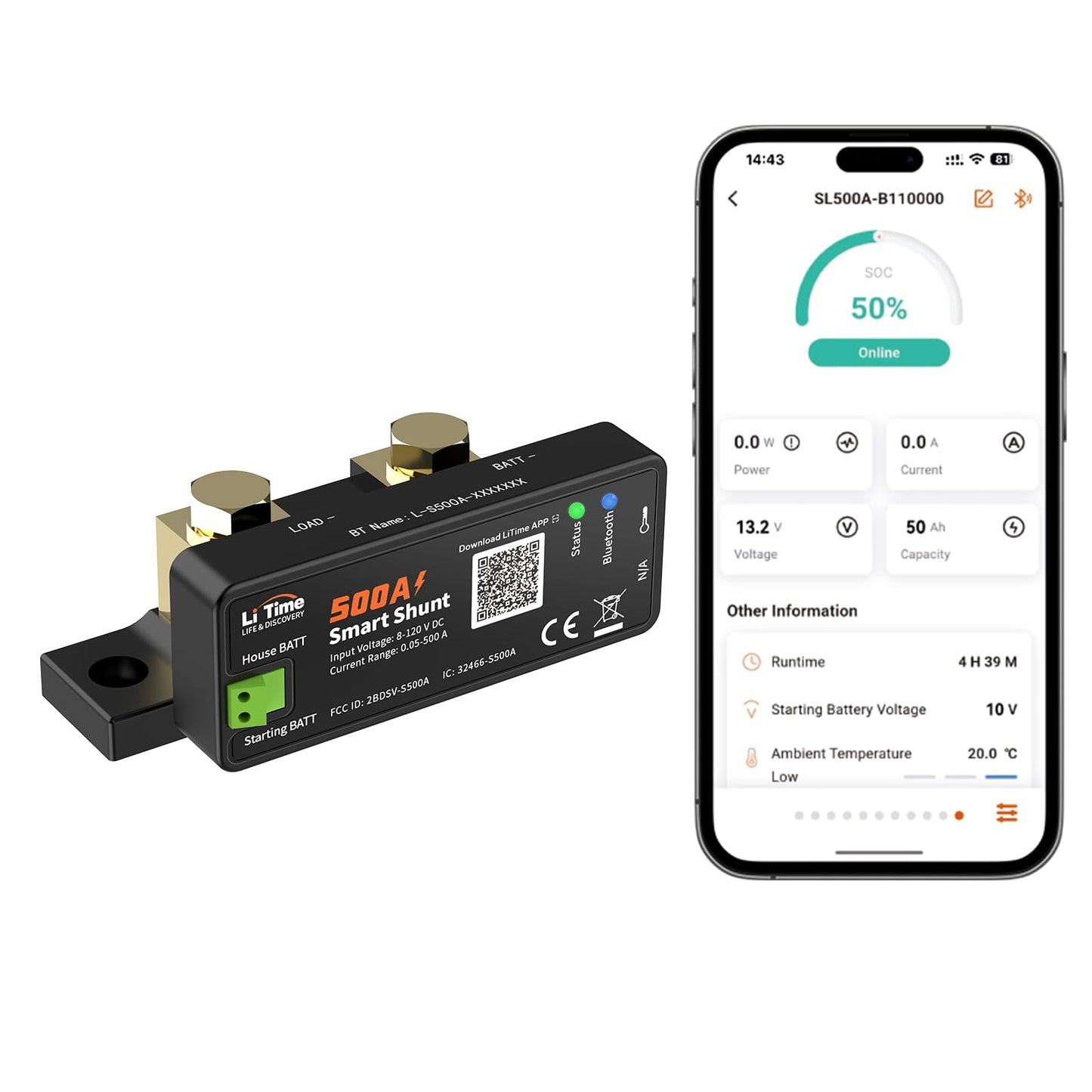 Litime 500A Bluetooth Battery Shunt, Compatible with 8V–120V Lead Acid, LFP, Lithium, AGM Batteries, SOC, Alarm Alerts, History Records, App Monitoring, Ideal for RV/Marine/Off-Grid