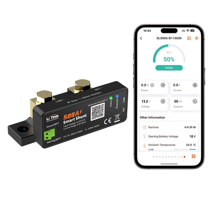 Litime 500A Bluetooth Battery Shunt, Compatible with 8V–120V Lead Acid, LFP, Lithium, AGM Batteries, SOC, Alarm Alerts, History Records, App Monitoring, Ideal for RV/Marine/Off-Grid