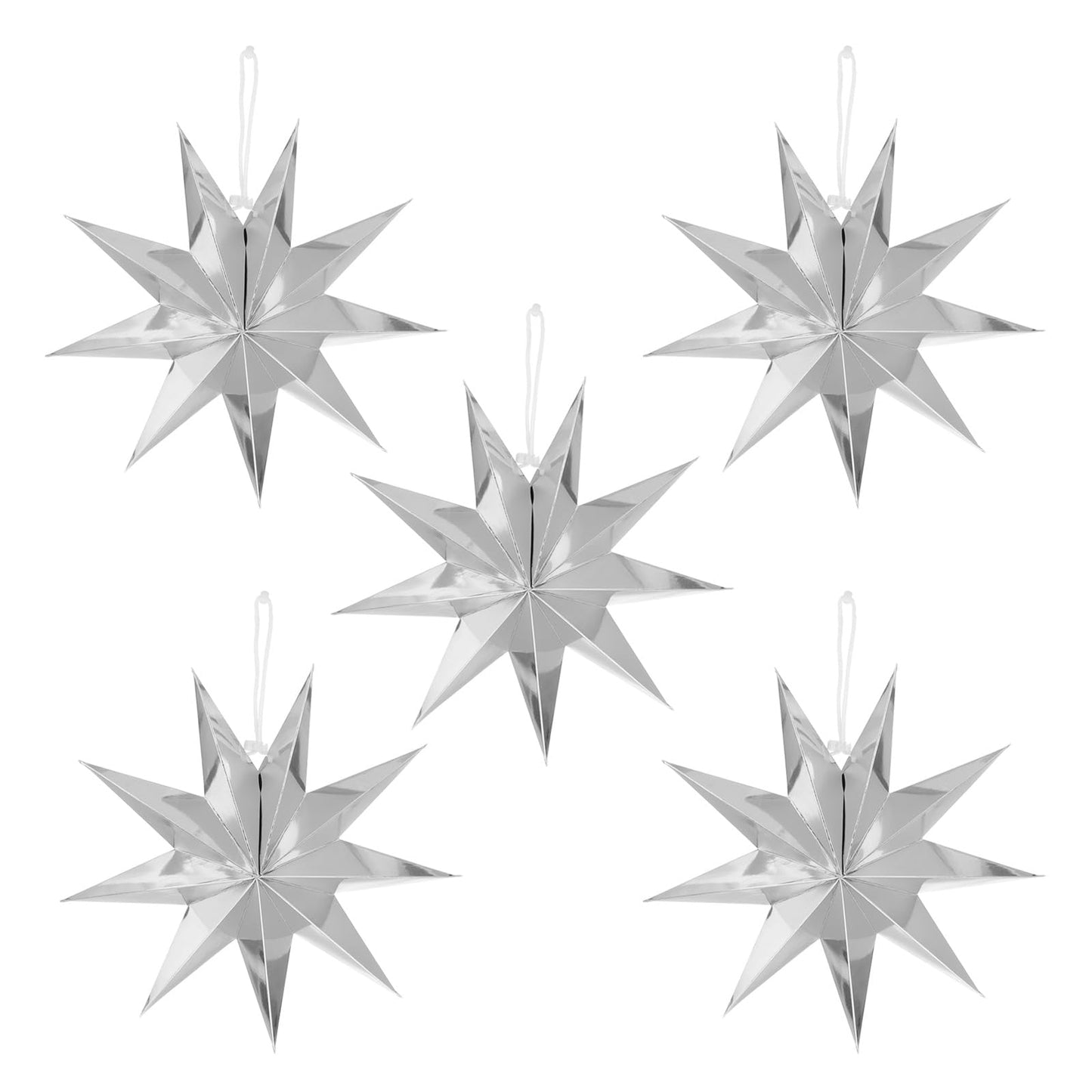 MECCANIXITY 5 Pcs Paper Star Lanterns 9-Pointed 12" Hanging Star Paper Lantern Hanging Lampshade for Christmas,Wedding,Graduation Party Supplies, Silver