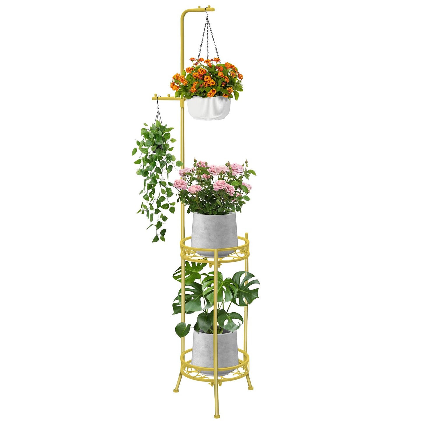 CZWL&HG Hanging Plant Stand Adjustable 2-Tier 72" Metal Shelf -Tall Indoor/Outdoor Plant Rack with Hangers for 4 Potted Flowers, Corner Shelf for Living Room & Patio (Gold)