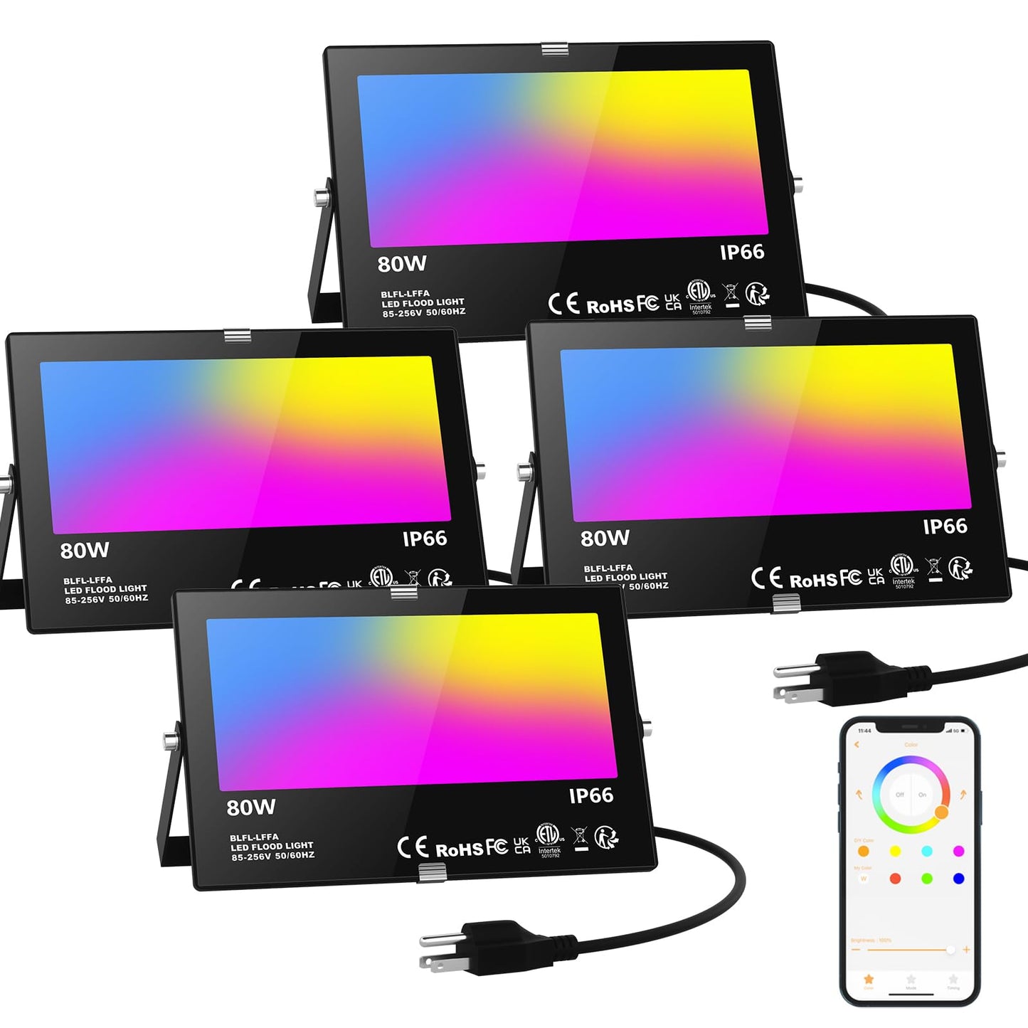 LED Flood Light Outdoor 800W Equivalent 8000LM, Smart RGB Color Changing Landscape Lighting with APP Control, IP66 Waterproof Outdoor LED Lights Daylight 5700K, DIY Scenes, Timing Floodlights, 4 Pack