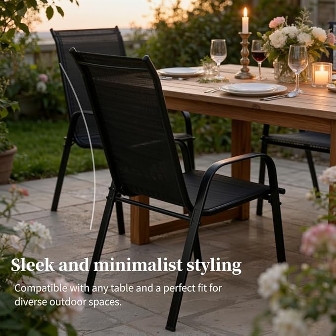 MAMIZO Patio Dining Chairs, Stackable All Weather Teslin Chair, Heavy Duty Outdoor Breathable Chairs Set, w/Armrests, Upgraded Chair FeetW/Strenthened Iron Spacers, 330 LBS (4, Black)