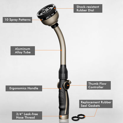 RESTMO Watering Wand Heavy Duty, Metal Garden Hose Wand with 10 Spray Patterns, 15-Inch Long Hose Nozzle Sprayer with Thumb Flow Control, Ideal to Water Hanging Baskets and Shrubs