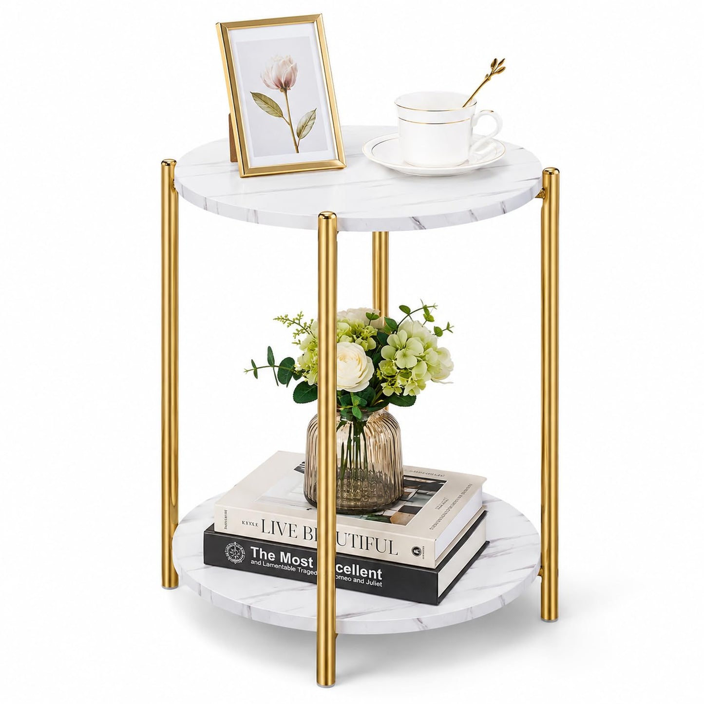 Gold End Table, Faux Marble Side Table, 2-Tier Small Round Nightstand for Bedroom - Modern Accent Table for Living Room Couch, Metal Frame (1 Pack)