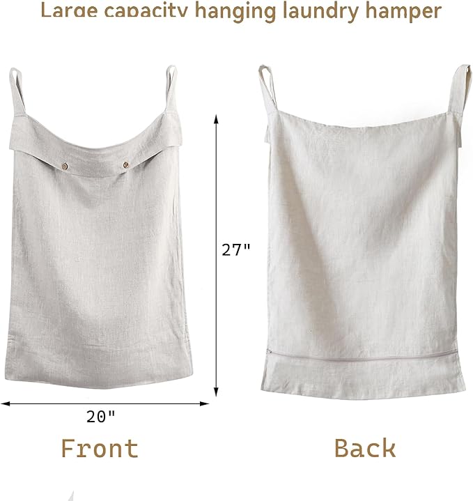 100% Linen Hanging Laundry Hamper Bag 20x27 Inch, Over the Door