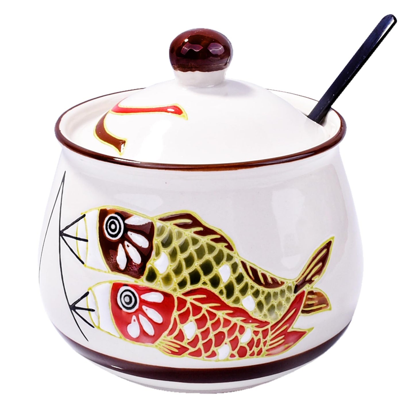 LMRLCS Ceramic Sugar Bowl with Lid and Spoon - 10oz Small Spice Jar with Japanese Koi Fish Design - Decorative Seasoning Container for Salt, Lard, Chili Oil & Condiments, Farmhouse Kitchen Decor