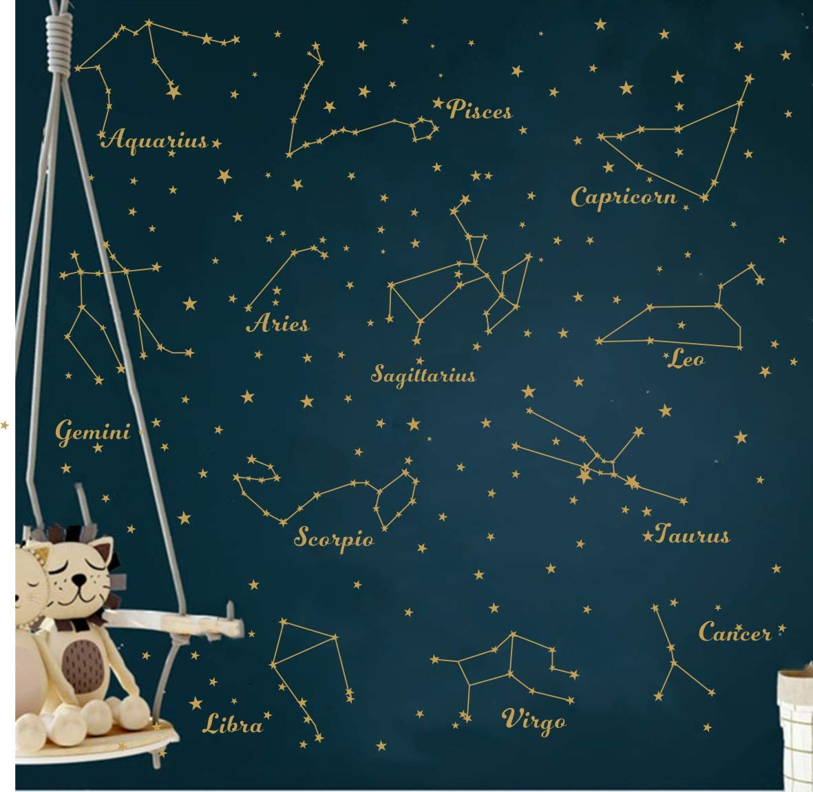 Constellation Wall Decal Twelve Constellations Stars Wall Stickers for Nursery Room Zodiac Astronomy Art Mural Kids Room Stars Decoration AM117 (Gold)