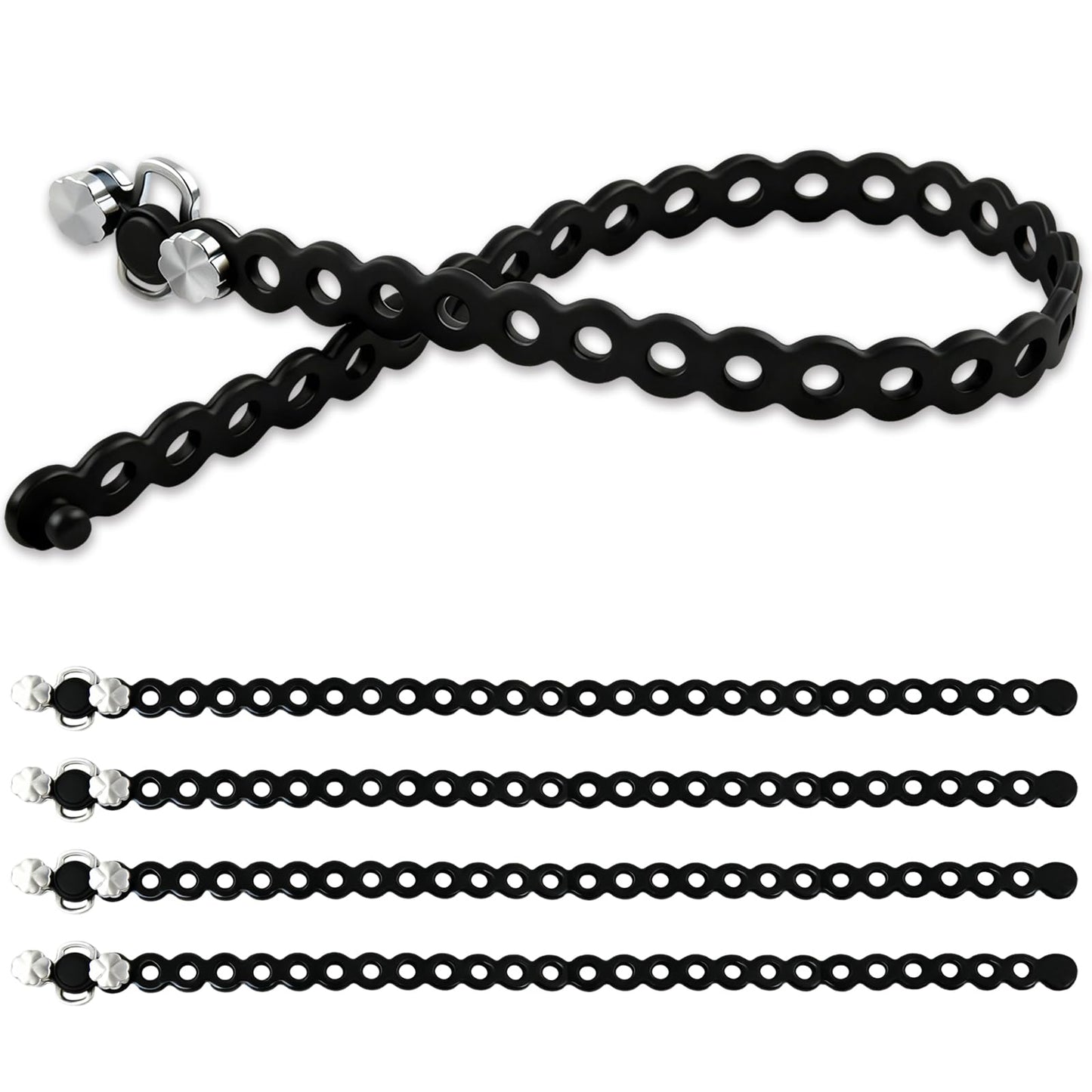 PILISPARK Modular Straps (4-Pack), Heavy Duty Silicone Gear Tie, EDC Multi-Tool Strap for Camping, Travel & Outdoor Survival（Black）