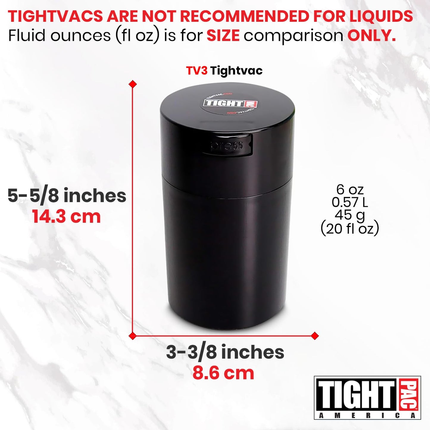 Tightvac 1 to 6 Ounce Airtight Container - Multi-use Storage Container for Herbs, Coffee and Dry Goods, Patented Vacuum Seal Airtight Containers, Black