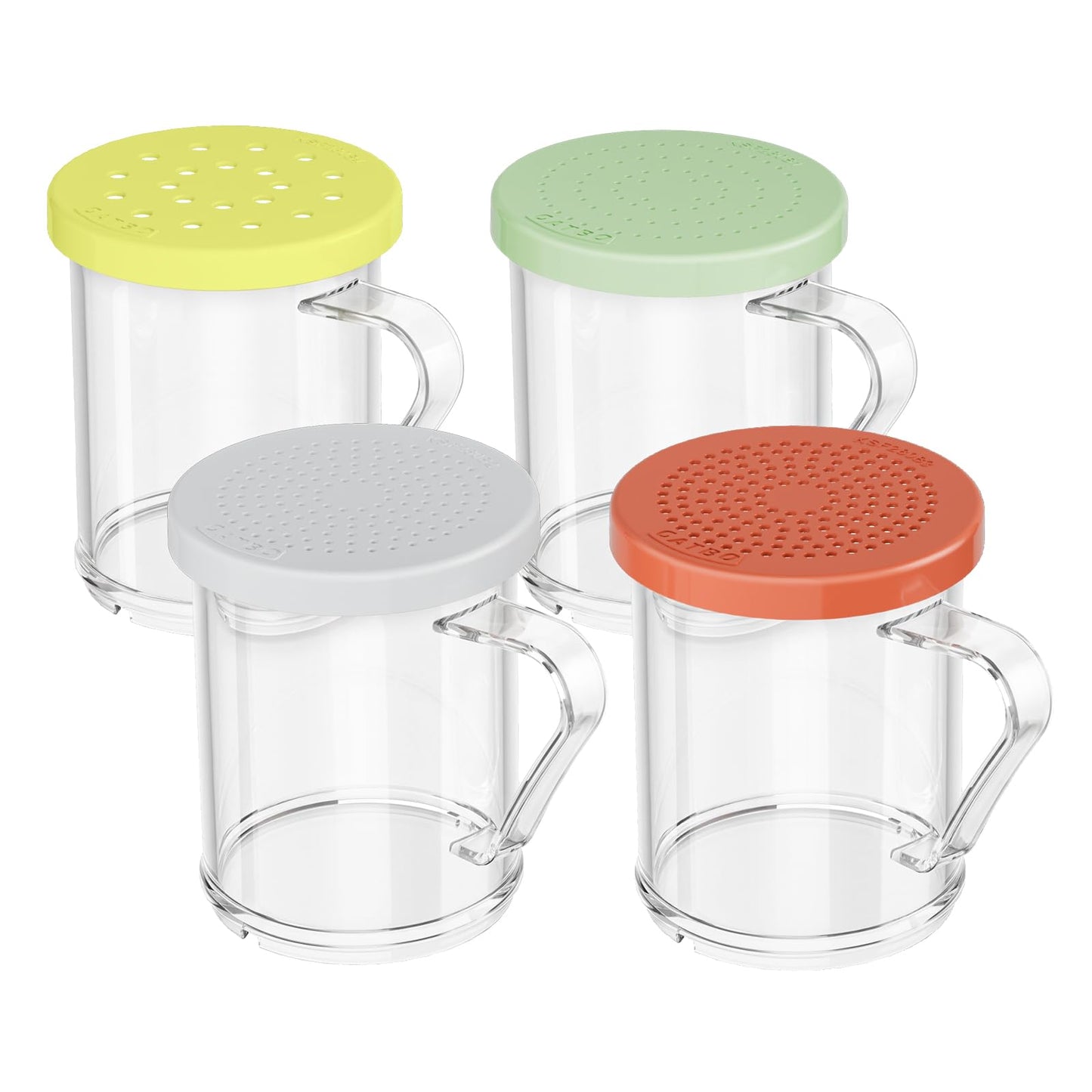 GATBO 4-Pack Plastic Dredge Shaker Set, 10 oz Clear Flour & Sugar Dispensers with Handles, Commercial Seasoning Shakers for Powder, Spices & Herbs, 4 Bodies & 4 Lids with Different Hole Sizes
