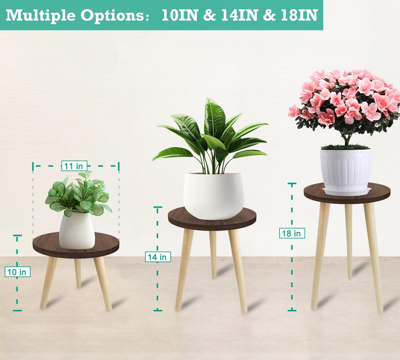 Tuohours 14IN Tall Plant Stand Holder for Indoor Planters, Mid Century Small Round Wood Table for Living Room Corner Floor