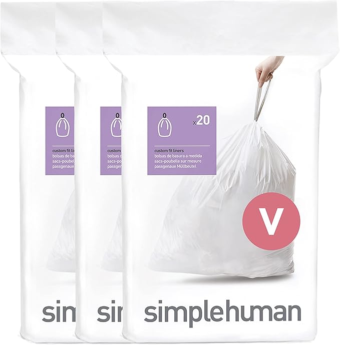 simplehuman Code V 60 Count, Dispenser Pack Custom Fit Liners, Drawstring Trash