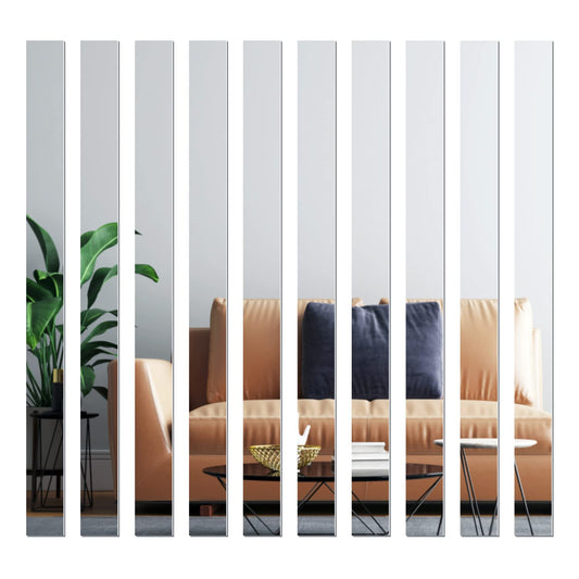 WUTAOBON Mirror Tiles, 2''x20''Mirror Tiles Self Adhesive Stripe Wall Mirror Stickers (Not Glass) Removable Long Acrylic Frameless Mirror Sheets for Home Living Room Bedroom DIY Decor (10Pcs)