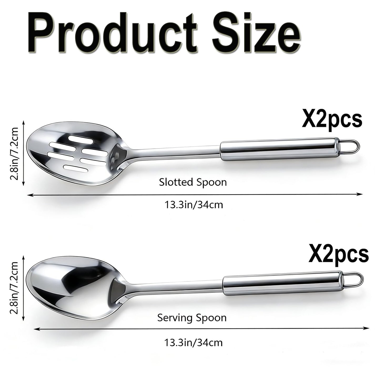 4 Pack Stainless Steel Cooking Spoon Set,Kitchen Large Cooking Spoons with Round Handle,Polished Metal Slotted Spoon &Serving Spoon, Heat Resistant Basting Spoons for Cooking,Mixing and Serving Food