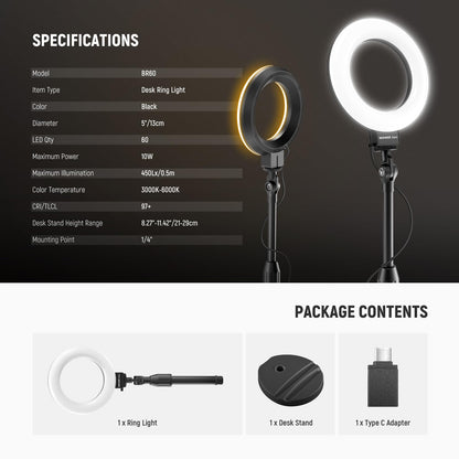 NEEWER BASICS 5"/13cm Desk Ring Light with Stand, Phone Holder Base, 10W LED Selfie Light Compatible with iPhone for Video Recording Laptop Webcam Zoom Video Conference Lighting Makeup, Black BR60