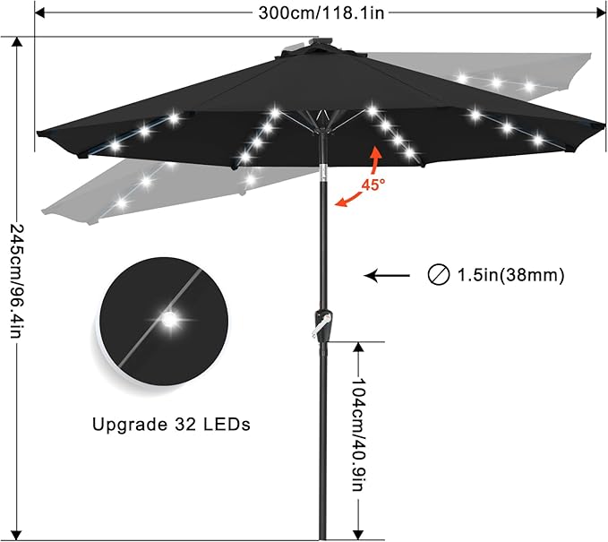 ABCCANOPY 10FT Durable Solar Led Patio Umbrellas with 32LED Lights (Jet Black)