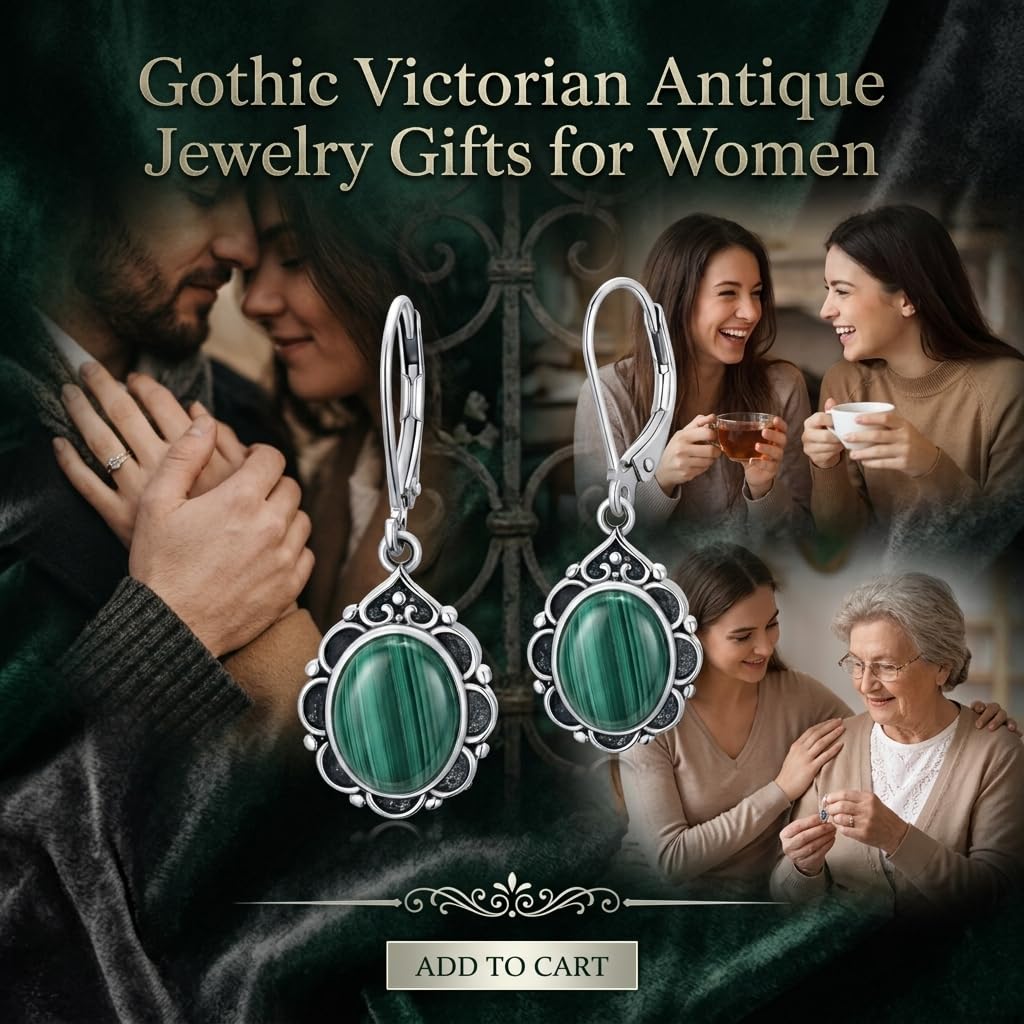 Malachite Drop Earrings for Women 925 Sterling Silver Vintage Oval 9x7mm Filigree Leverback Dangle Earrings, Gothic Victorian Antique Jewelry Gifts