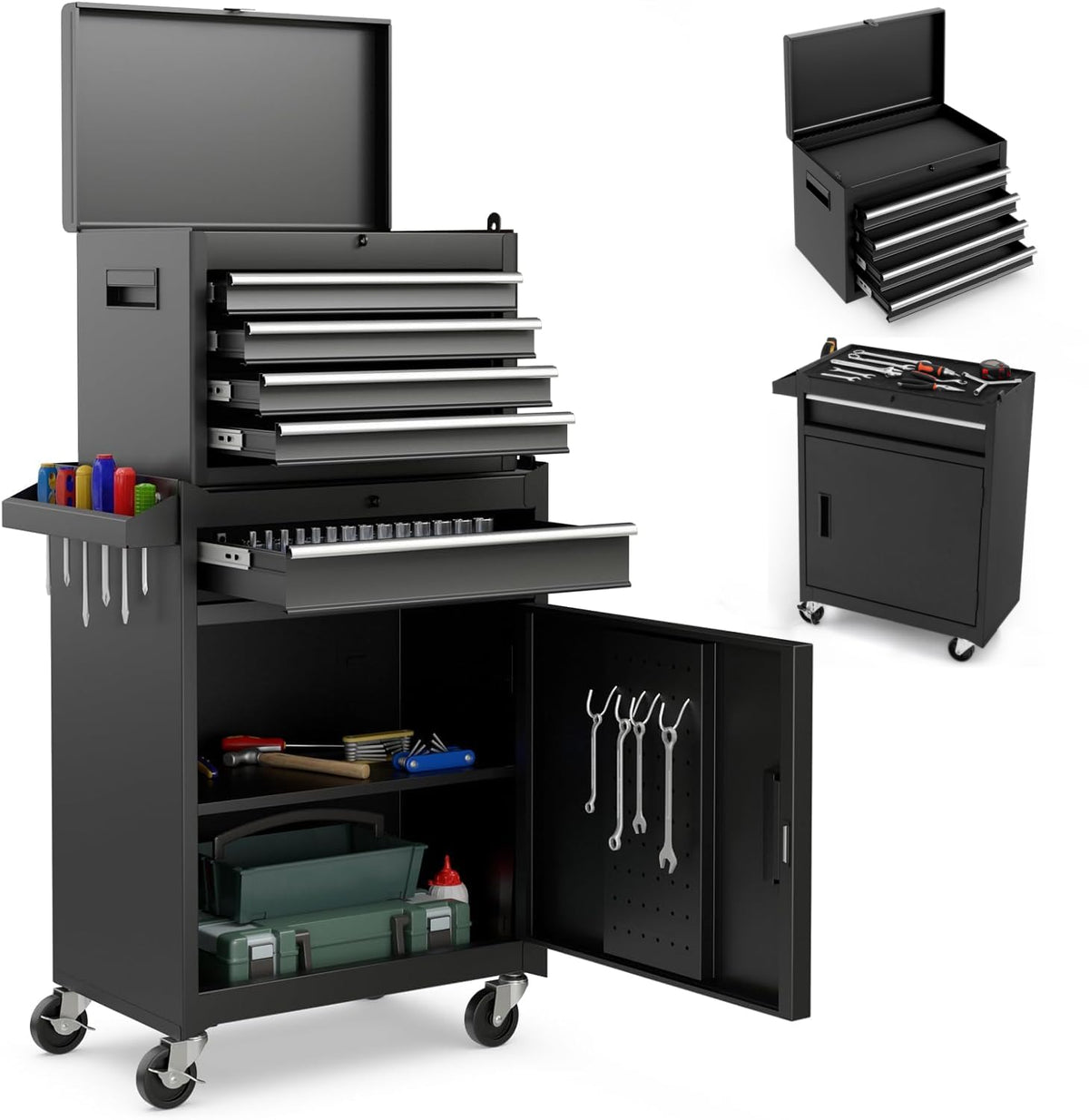 ERGOMASTER Tool Chest Heavy Duty Rolling Tool Box with Cabinet 5-Drawer for Lockable & Removable Cabinet for Garage and Workshop - Black