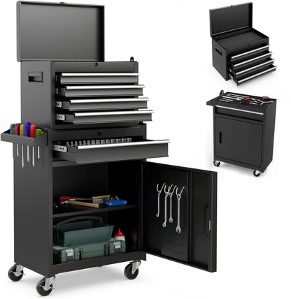 ERGOMASTER Tool Chest Heavy Duty Rolling Tool Box with Cabinet 5-Drawer for Lockable & Removable Cabinet for Garage and Workshop - Black