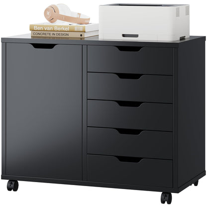 DUMOS 5 Drawer File Cabinet Office Drawers Organizer with Wheels Rolling, Under Desk Cabinets with Shelves and Door Printer Stand with Wood Board Metal Frame for Home Office Storage Craft Room, Black