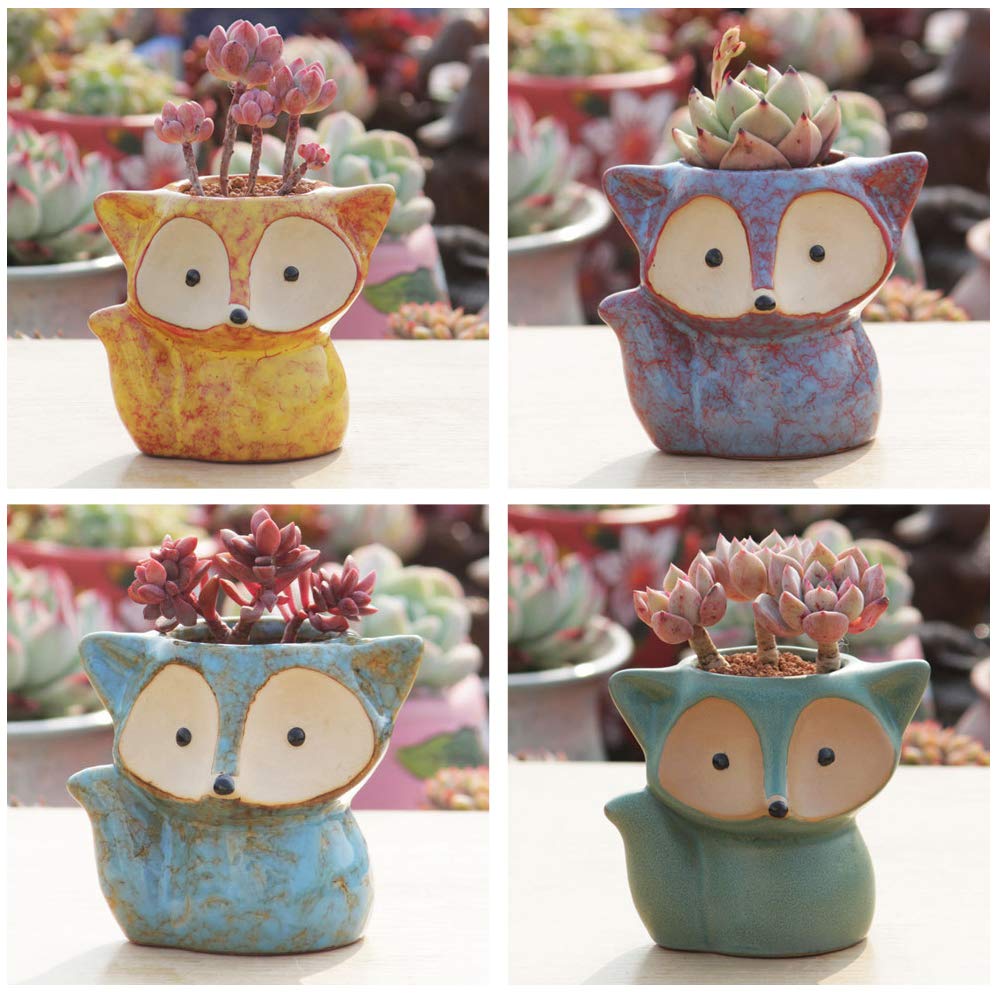 ANQIA 4 Pack Cute Fox Shape Ceramic Succulent Plant Pots Cactus Plant Pot Flower Pot with A Hole for Home & Office Decor