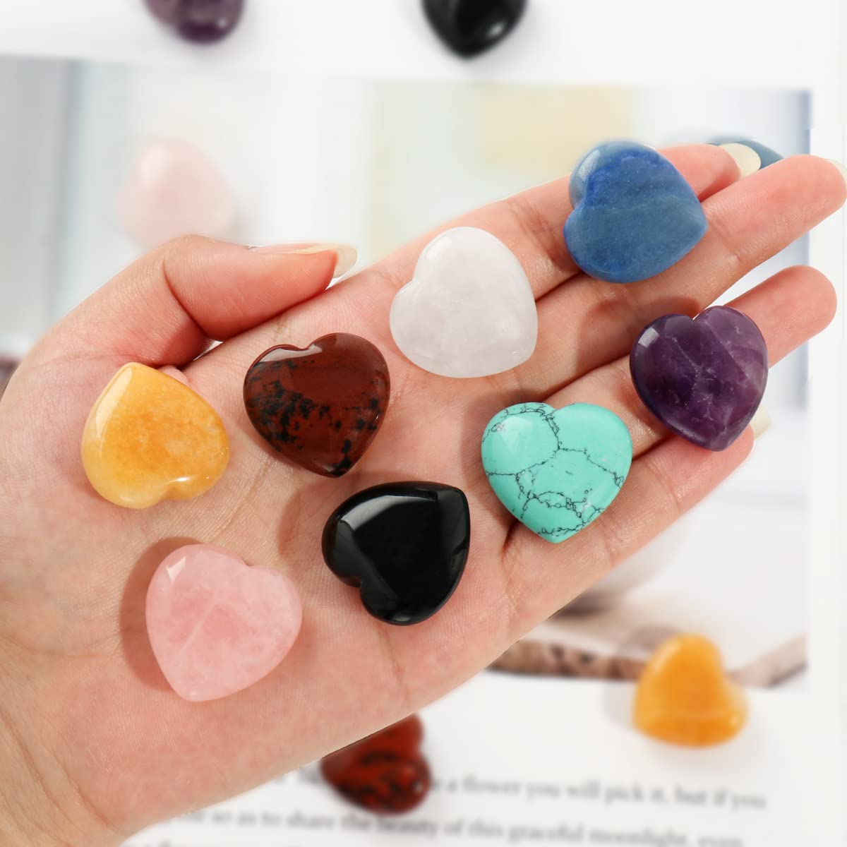 CASMON 8 Pcs Natural Mix Heart Stones Set (1 Inches), Puff Hearts Healing Palm Crystal with Gift Box for Chakra Reiki Home Décor