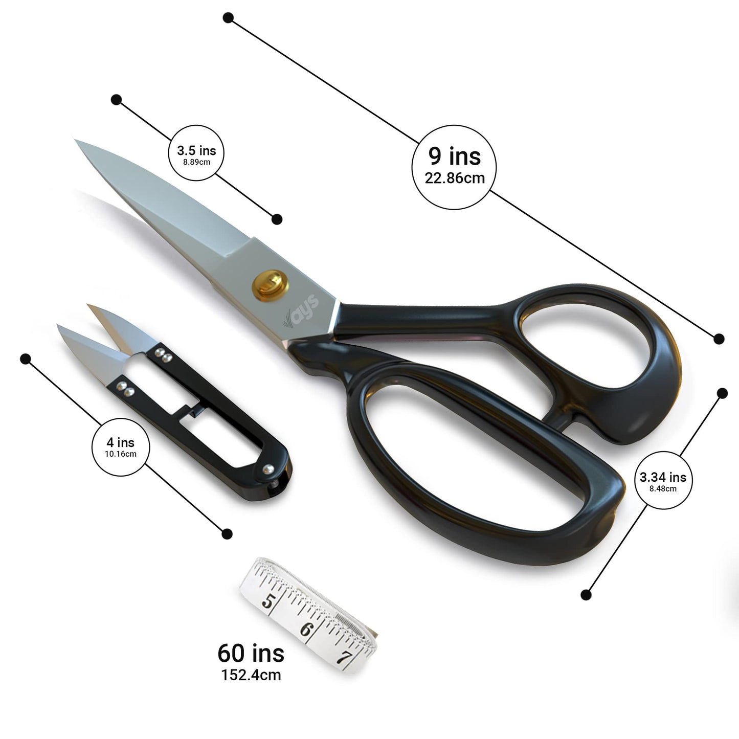 VAYS Fabric Scissors 9 Inch Premium Dressmaking Scissors for Sewing Tailoring & Crafting - with Sharp Thread Nipper & Measuring Tape - Ideal for Felt Leather Thin Metal