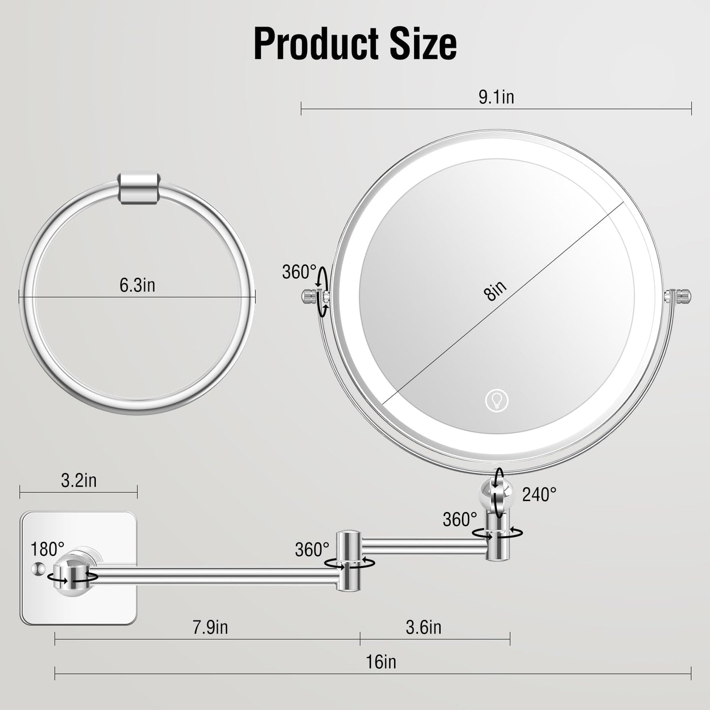 Lighted Makeup Mirror, Rechargeable Height Adjustable Double Sided, 1x/10x Magnifying with 3 Color, Brightness Adjustable, 360° Rotation Vanity, Gift for Women