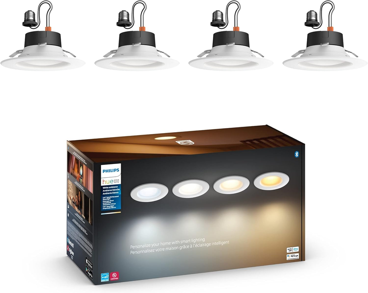 Philips Hue Smart Recessed 5/6 Inch LED Downlight - White Ambiance Warm-to-Cool White Light - 4 Pack - 1100LM - Indoor - Control with Hue App - Works with Alexa, Google Assistant and Apple Homekit