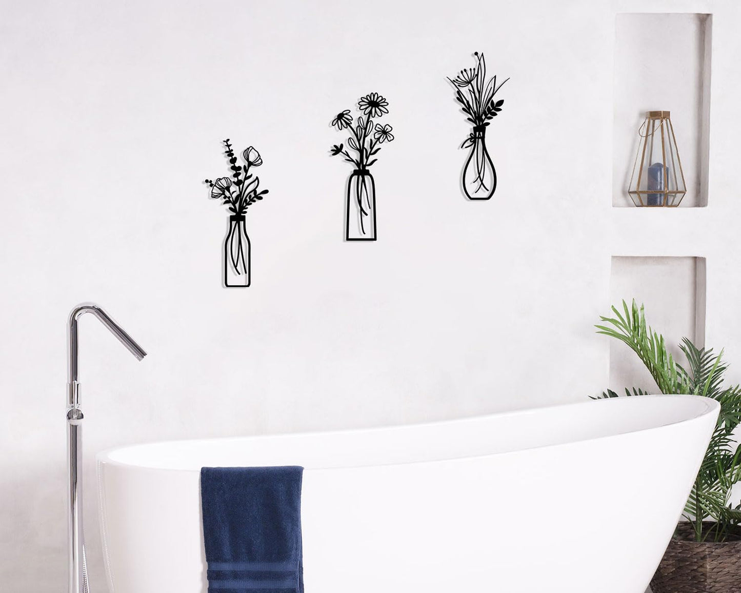 Pigort 3 Pieces Metal Flowers Wall Arts - Rustic Farmhouse Decor Black Minimalist Flower Wall Decors for Living room Bathroom Bedroom Dining Room - Housewarming Gifts(Black, Vase-C)
