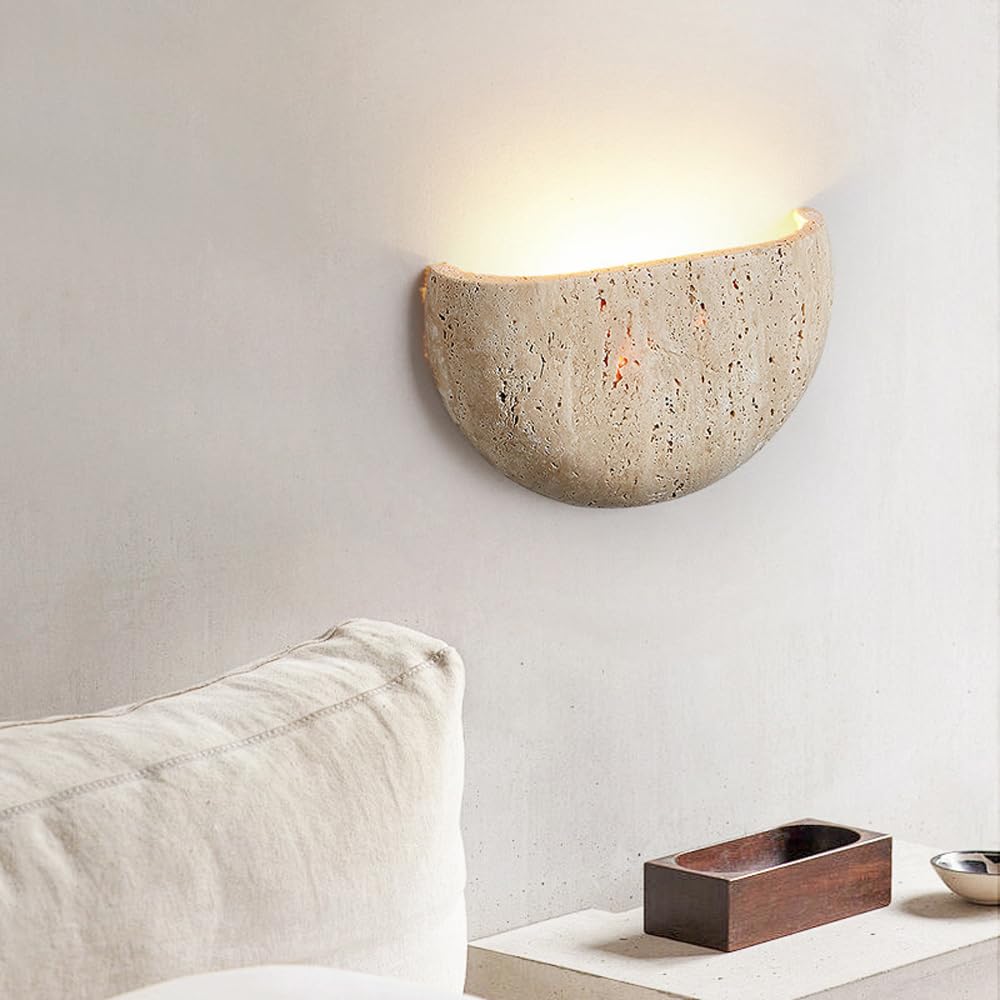 XYHAZCSM Modern Marble Yellow Travertine Wall Sconce LED G4 3000K Wall Lamp Semi Circle Natural Stone Shade Wall Light Japanese Style Wabi-Sabi Art Lighting Fixture For Farmhouse, Foyer, Entryway, Sta