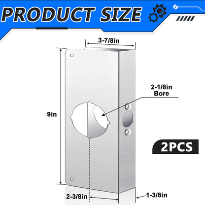 Dunzy 4 Pack 1-3/8 Inch x 9 Inch Door Reinforcement Plate 2-1/8" Thick Stainless Steel Lock and Door Reinforcer Security to Repair Home Wood Metal Knob/Lock/Latch/Deadbolt, Silver