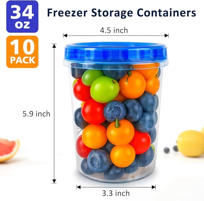 10 Pack 34oz Reusable Freezer Food Storage Containers