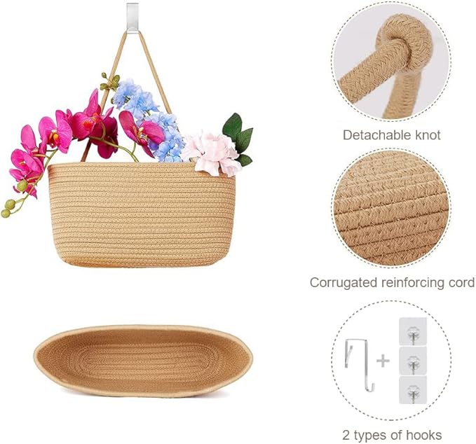 TeoKJ Over the Door Hanging Basket, 3-Tier Woven Cotton Wall-Mounted Storage