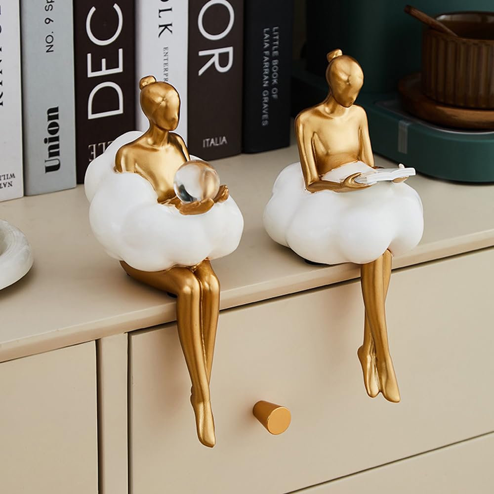 Rayberro Cloud Girl Sculpture, Tabletop Figure Decoration, Ballerina Girl Statue Home Office Living Rome Decor, Crystal Ball Reading Girls Figurines Desktop Ornaments Decorations Gift (A B Small)