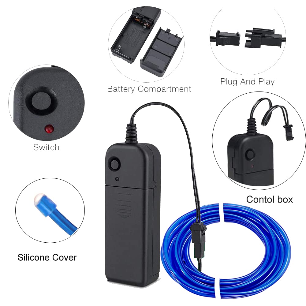 MaxLax EL Wire Blue, 16.4ft/5m Portable Battery Pack Neon Lights Strip 360° Cuttable Glowing Rope Lights for Parties, Halloween, DIY Decoration