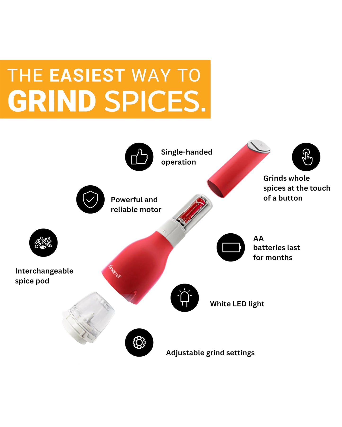 FinaMill Classic Battery-Operated Spice Mill Bundle with Black Trio Stackable Tray – One-Handed Grinder with Interchangeable Pods with Adjustable Coarseness - Valentines Day Gifts for Food Lovers