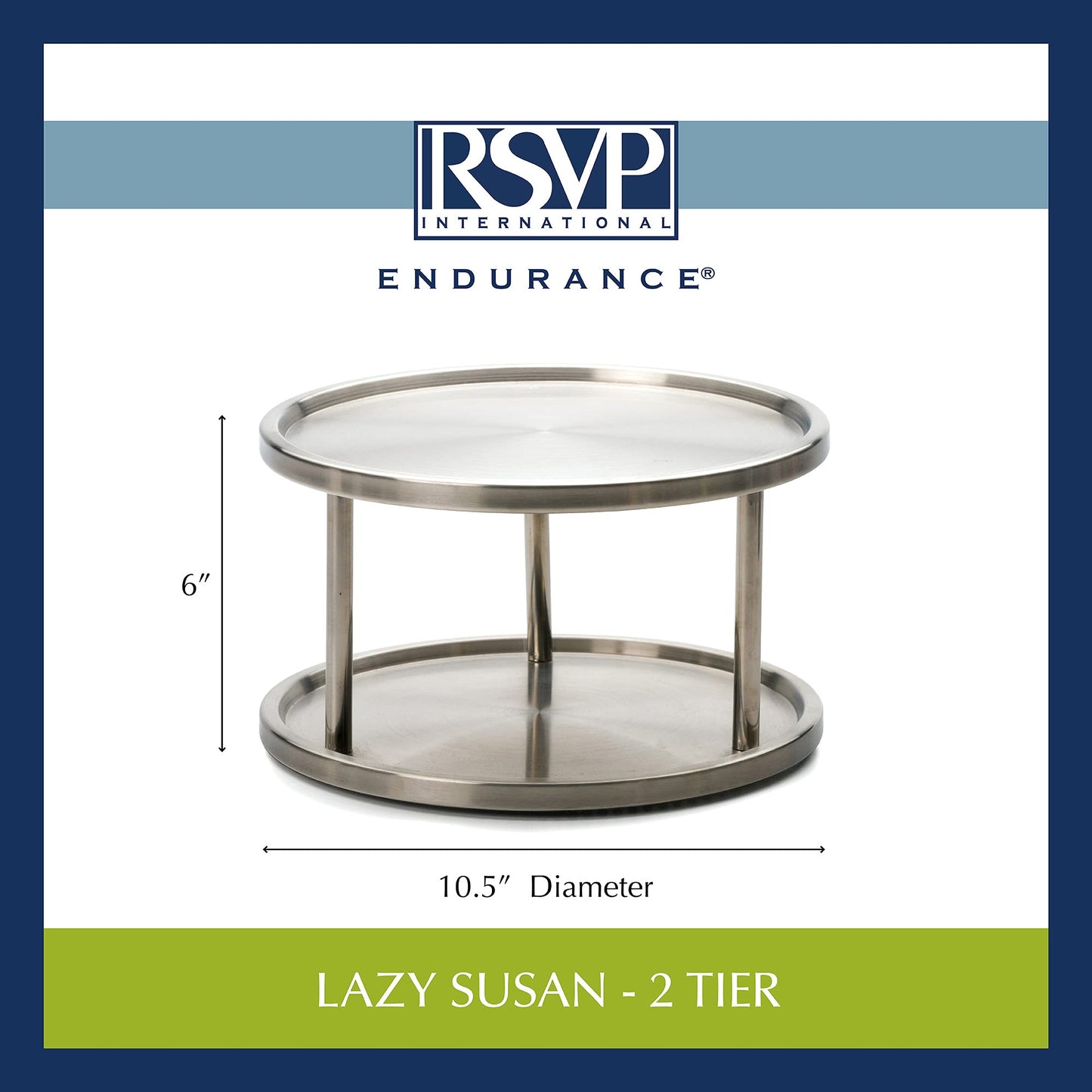 RSVP International Two-Tier Turntable Lazy Susan | Handy in Cabinet, Refrigerators & Counters | Organize Spices, Canned Foods, Pots, Pans, Dinnerware, 10.5" x 6", Stainless Steel